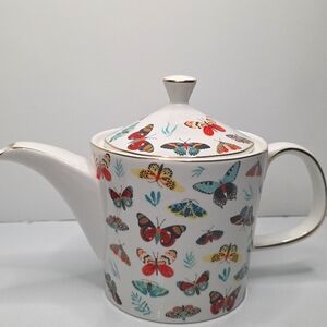 Chelsea Bistro Butterfly Patterned Teapot with Gold Accents, NWOT